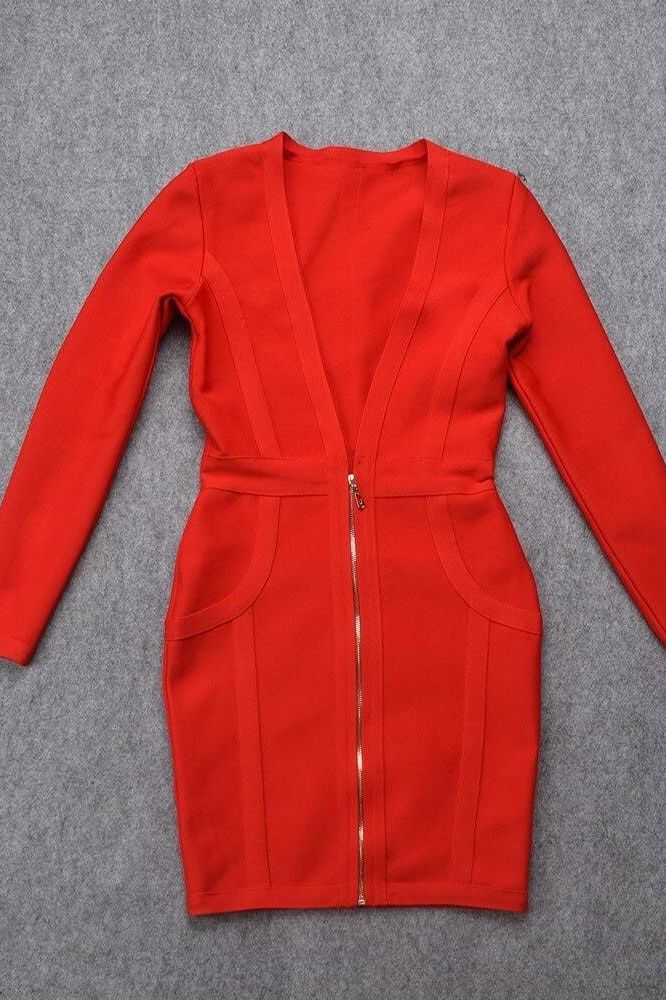 Woman wearing a figure flattering Eva Long Sleeve Bandage Mini Dress - Lipstick Red BODYCON COLLECTION