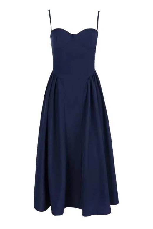 Woman wearing a figure flattering Everly Bodycon Day Midi Dress - Navy Blue BODYCON COLLECTION
