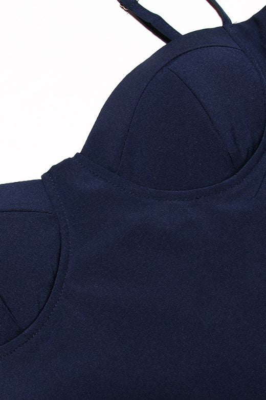 Woman wearing a figure flattering Everly Bodycon Day Midi Dress - Navy Blue BODYCON COLLECTION