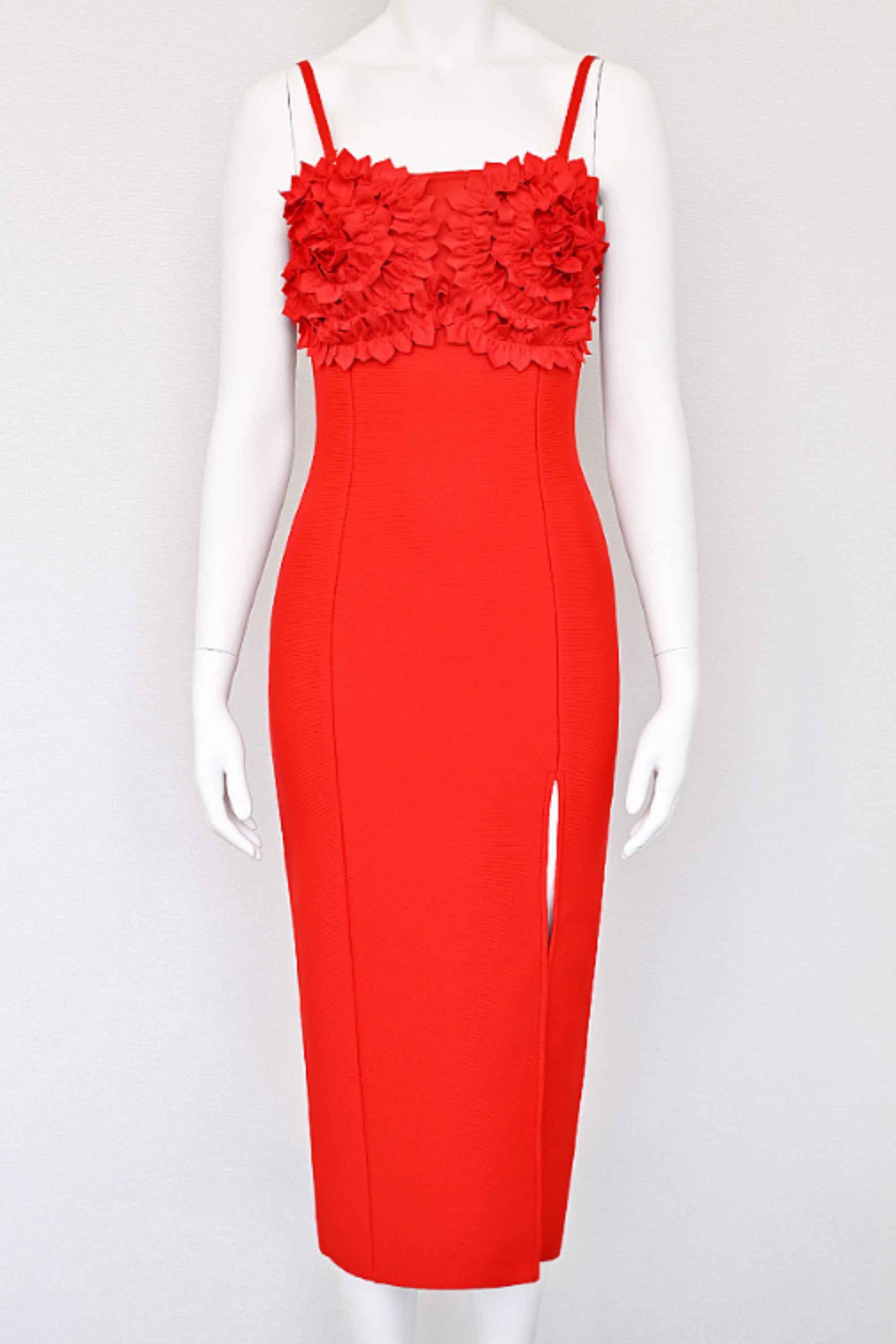Woman wearing a figure flattering Faye Bandage Midi Dress - Lipstick Red BODYCON COLLECTION