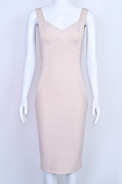 Woman wearing a figure flattering Freya Bandage Dress - Beige BODYCON COLLECTION