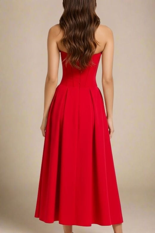 Woman wearing a figure flattering Gabbi Bodycon Midi Dress - Lipstick Red BODYCON COLLECTION