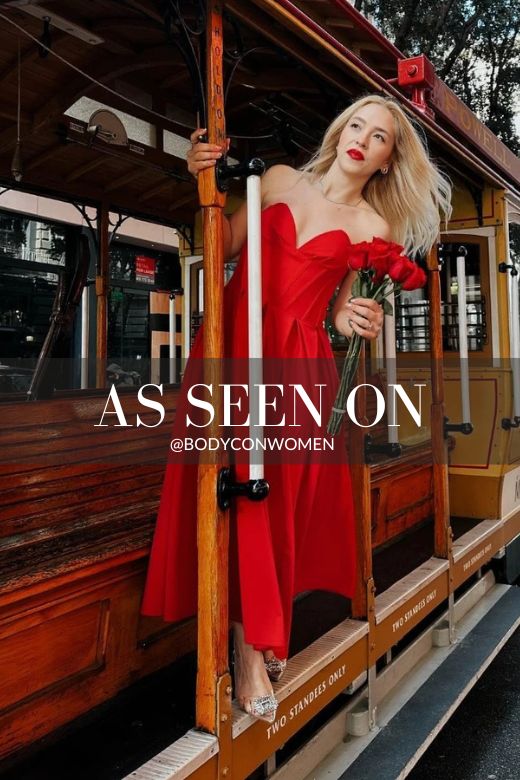 Woman wearing a figure flattering Gabbi Bodycon Midi Dress - Lipstick Red BODYCON COLLECTION