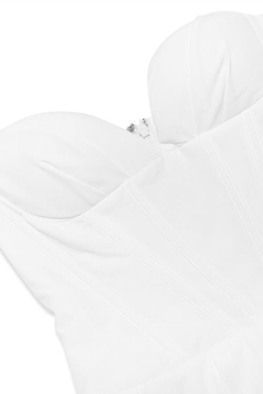 Woman wearing a figure flattering Gabbi Bodycon Midi Dress - Pearl White BODYCON COLLECTION