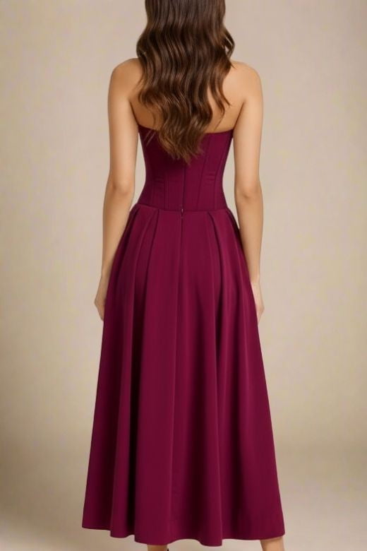 Woman wearing a figure flattering Gabbi Bodycon Midi Dress - Red Wine BODYCON COLLECTION