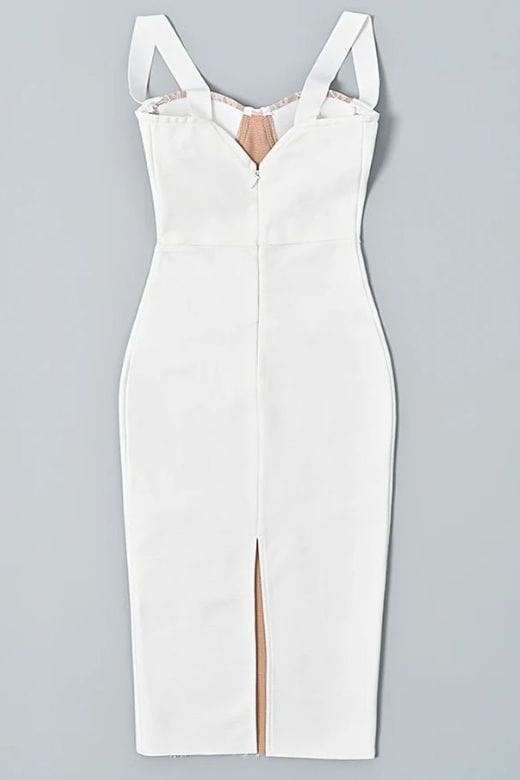 Woman wearing a figure flattering Genevieve Bodycon Lace Midi Dress - Pearl White BODYCON COLLECTION