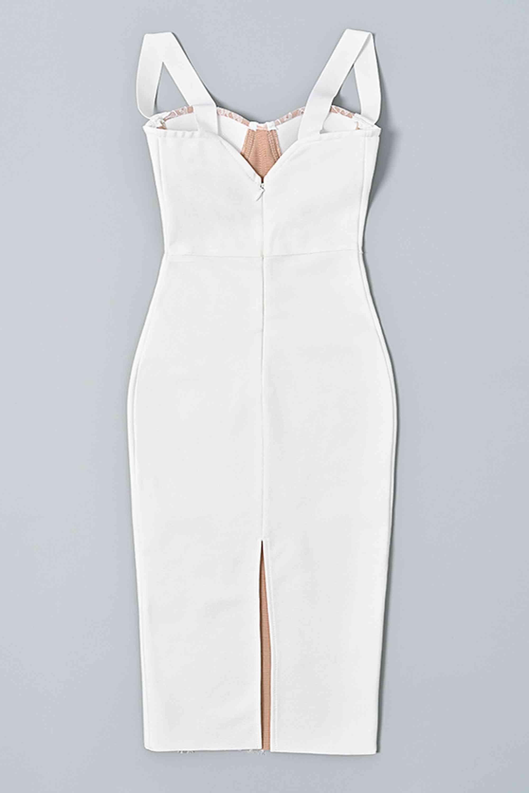 Woman wearing a figure flattering Genevieve Bodycon Lace Midi Dress - Pearl White BODYCON COLLECTION