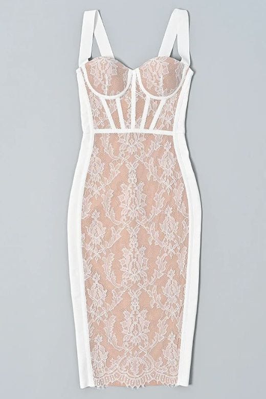 Woman wearing a figure flattering Genevieve Bodycon Lace Midi Dress - Pearl White BODYCON COLLECTION