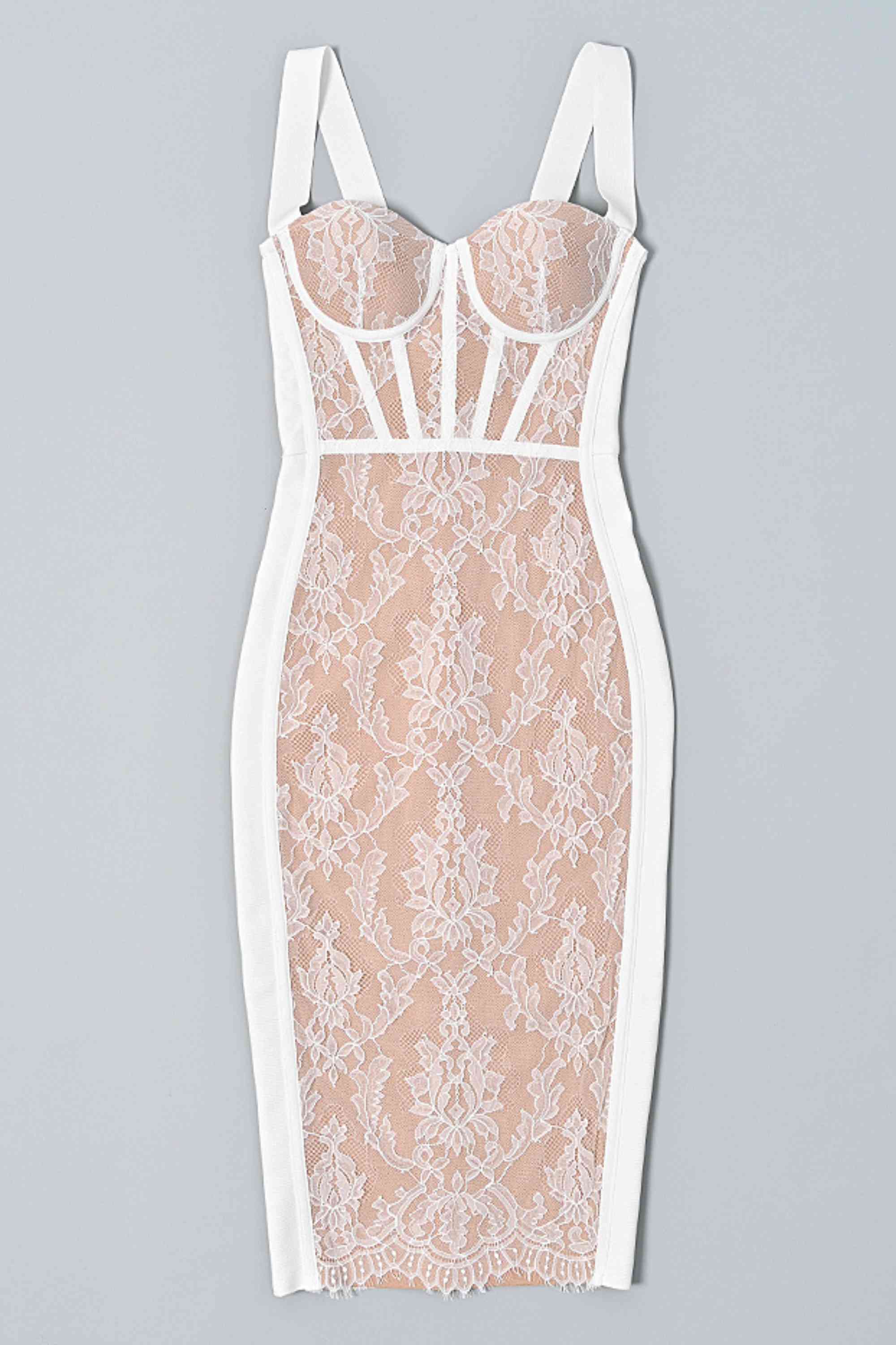 Woman wearing a figure flattering Genevieve Bodycon Lace Midi Dress - Pearl White BODYCON COLLECTION