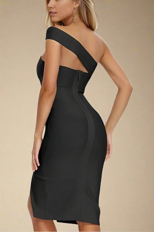 Woman wearing a figure flattering Gianna Bandage Dress - Classic Black BODYCON COLLECTION
