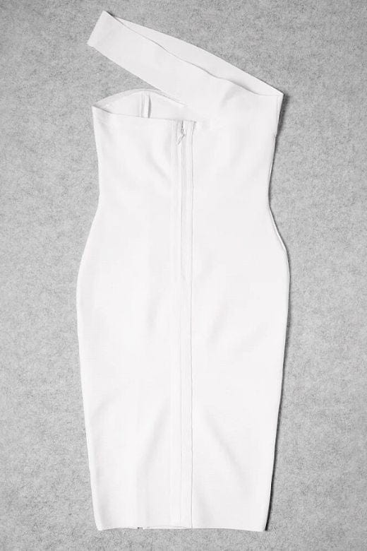 Woman wearing a figure flattering Gianna Bandage Dress - Pearl White BODYCON COLLECTION