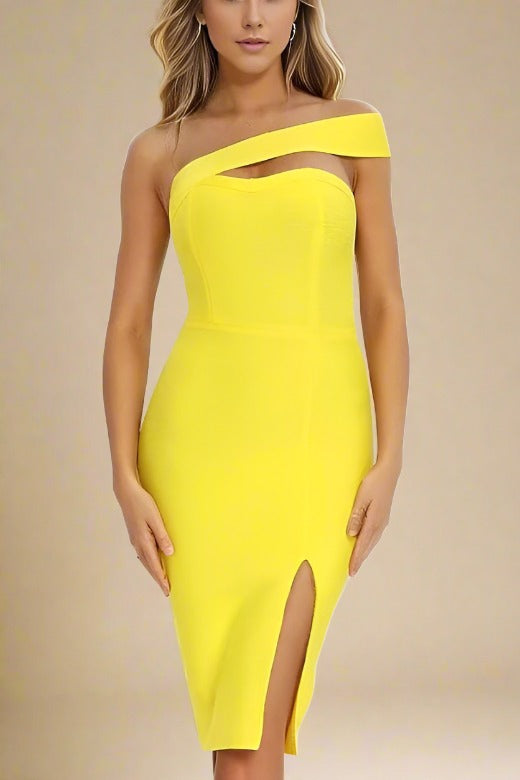 Woman wearing a figure flattering Gianna Bandage Dress - Sun Yellow BODYCON COLLECTION