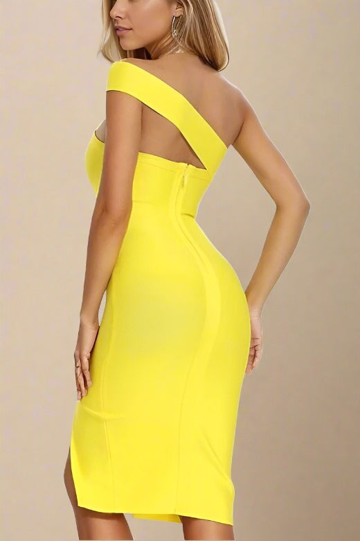 Woman wearing a figure flattering Gianna Bandage Dress - Sun Yellow BODYCON COLLECTION