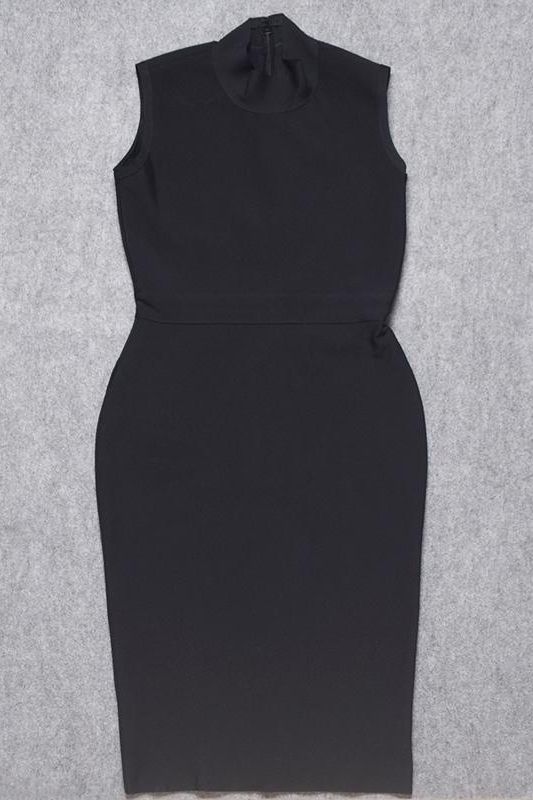 Woman wearing a figure flattering Grace Bandage Midi Dress - Classic Black Bodycon Collection