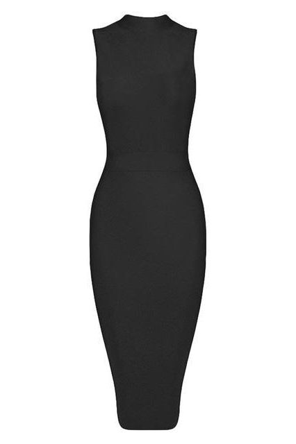 Woman wearing a figure flattering Grace Bandage Midi Dress - Classic Black Bodycon Collection
