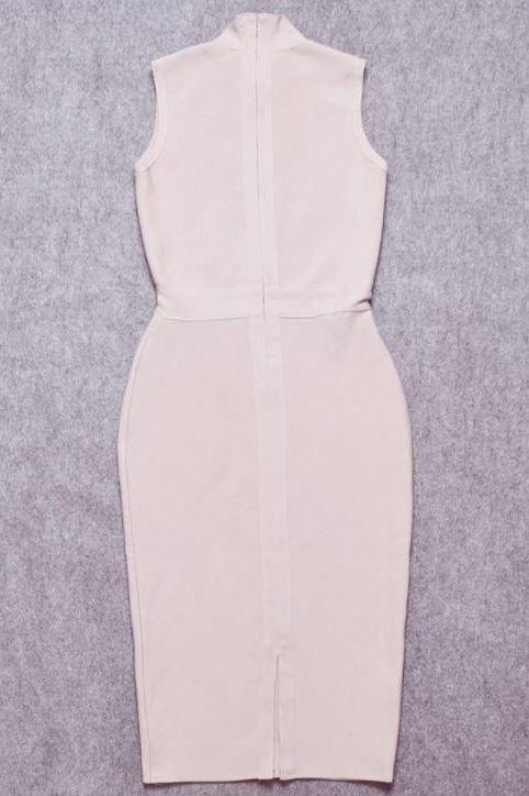 Woman wearing a figure flattering Grace Bandage Midi Dress - Cream Bodycon Collection