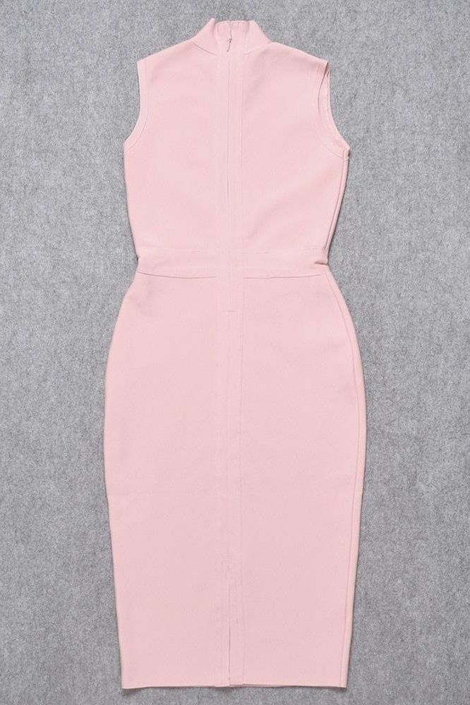 Woman wearing a figure flattering Grace Bandage Midi Dress - Dusty Pink Bodycon Collection