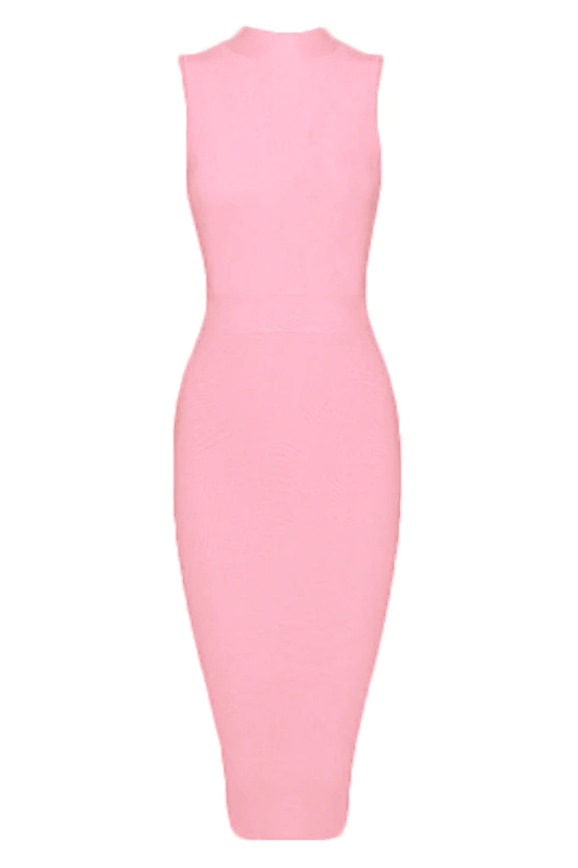 Woman wearing a figure flattering Grace Bandage Midi Dress - Dusty Pink Bodycon Collection