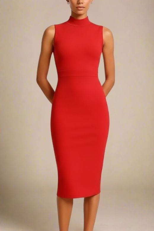 Woman wearing a figure flattering Grace Bandage Midi Dress - Lipstick Red Bodycon Collection