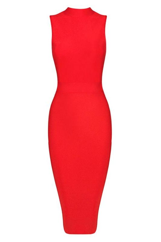 Woman wearing a figure flattering Grace Bandage Midi Dress - Lipstick Red Bodycon Collection