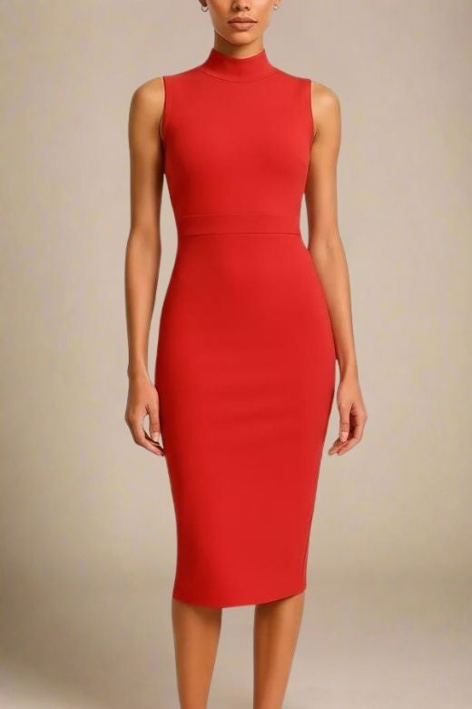 Woman wearing a figure flattering Grace Bandage Midi Dress - Lipstick Red Bodycon Collection