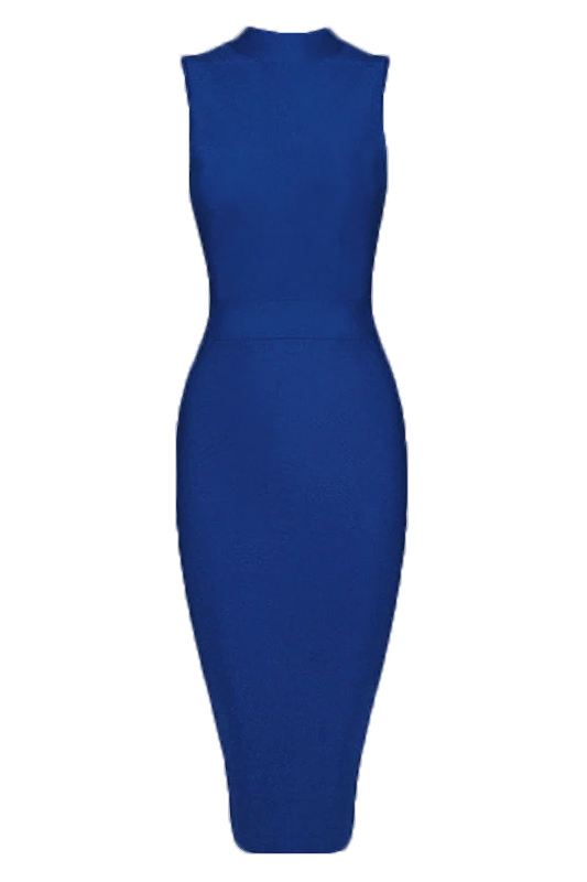 Woman wearing a figure flattering Grace Bandage Midi Dress - Navy Blue Bodycon Collection