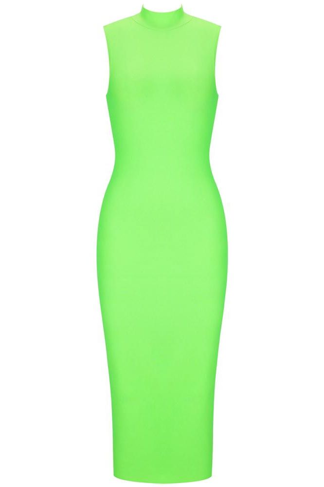 Woman wearing a figure flattering Grace Bandage Midi Dress - Neon Green Bodycon Collection
