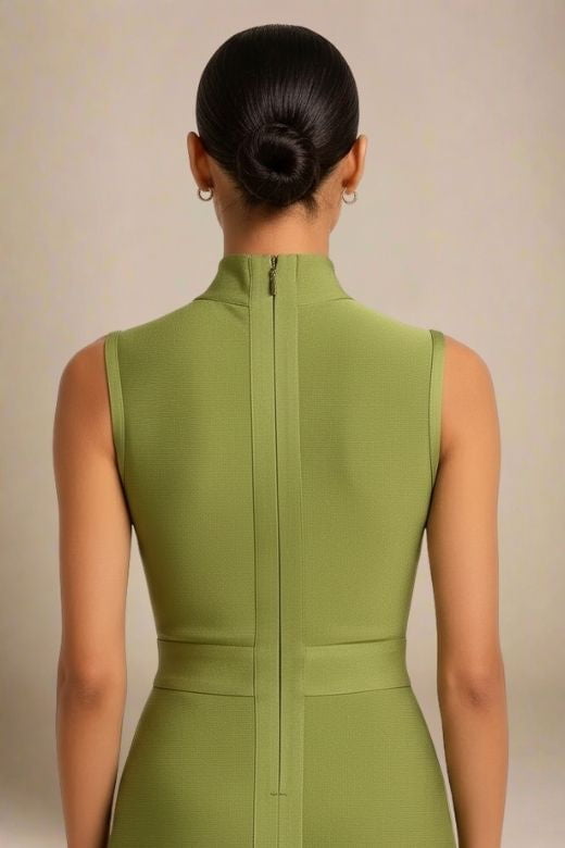 Woman wearing a figure flattering Grace Bandage Midi Dress - Olive Green Bodycon Collection