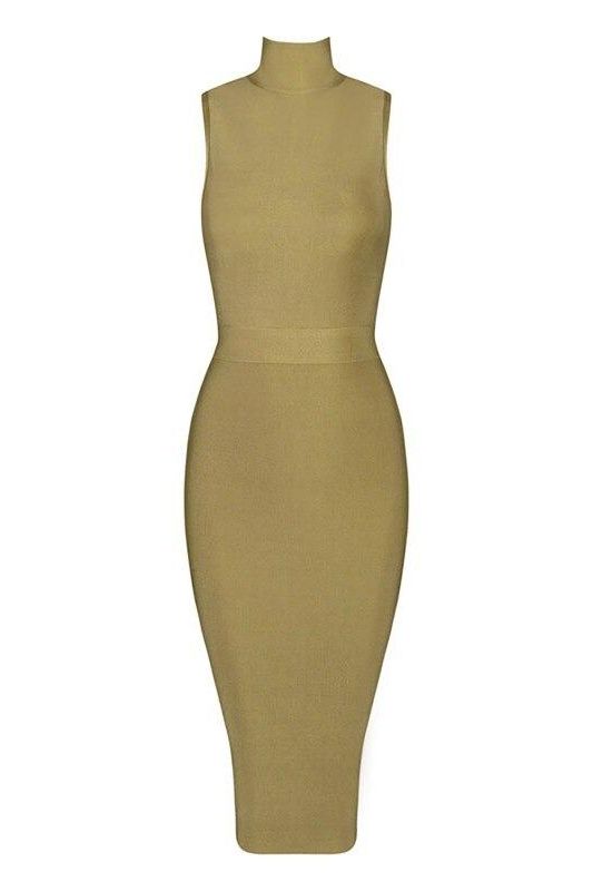Woman wearing a figure flattering Grace Bandage Midi Dress - Olive Green Bodycon Collection