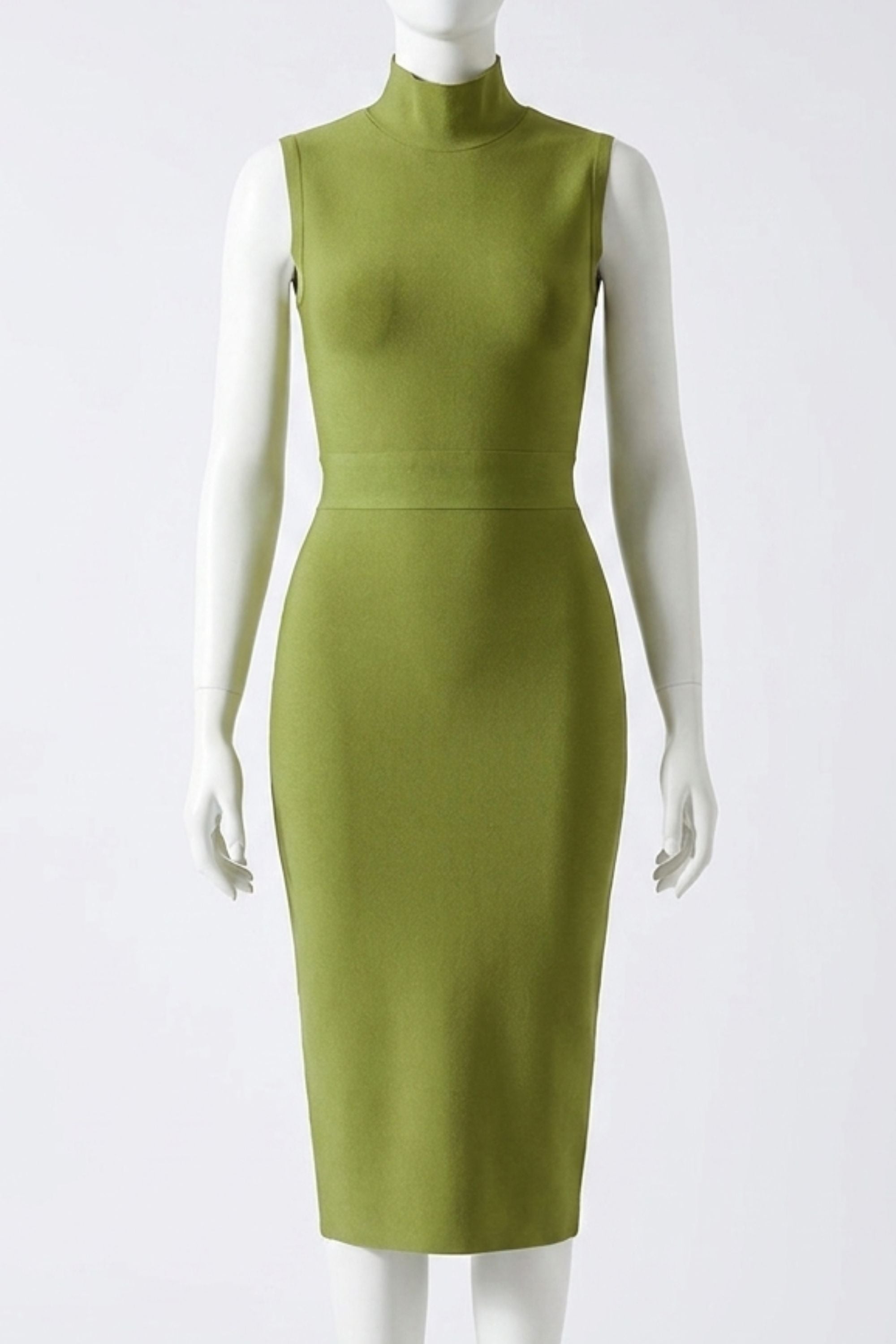 Woman wearing a figure flattering Grace Bandage Midi Dress - Olive Green Bodycon Collection