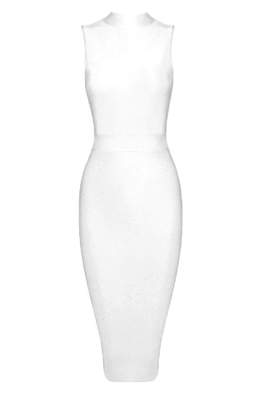 Woman wearing a figure flattering Grace Bandage Midi Dress - Pearl White Bodycon Collection