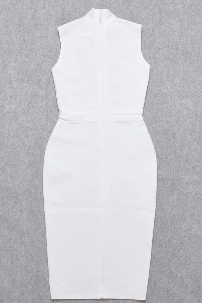 Woman wearing a figure flattering Grace Bandage Midi Dress - Pearl White Bodycon Collection