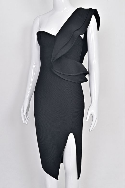 Woman wearing a figure flattering Hayley Bodycon Dress - Classic Black Bodycon Collection