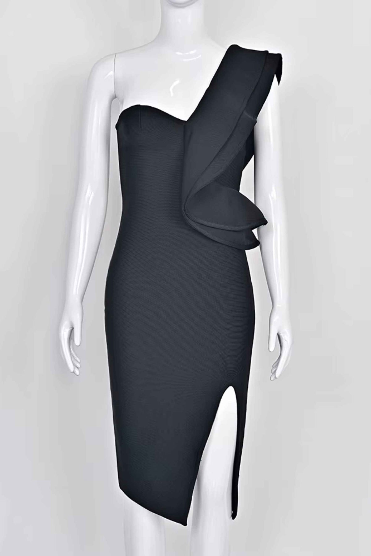 Woman wearing a figure flattering Hayley Bodycon Dress - Classic Black Bodycon Collection