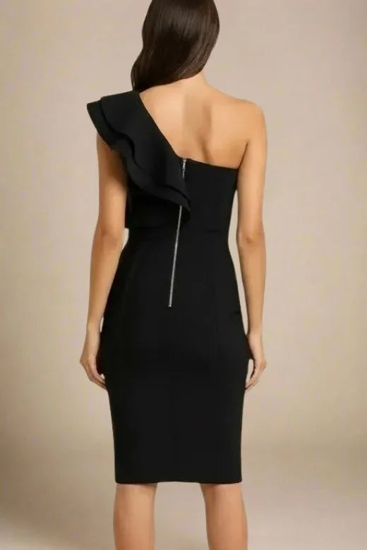 Woman wearing a figure flattering Hayley Bodycon Dress - Classic Black Bodycon Collection