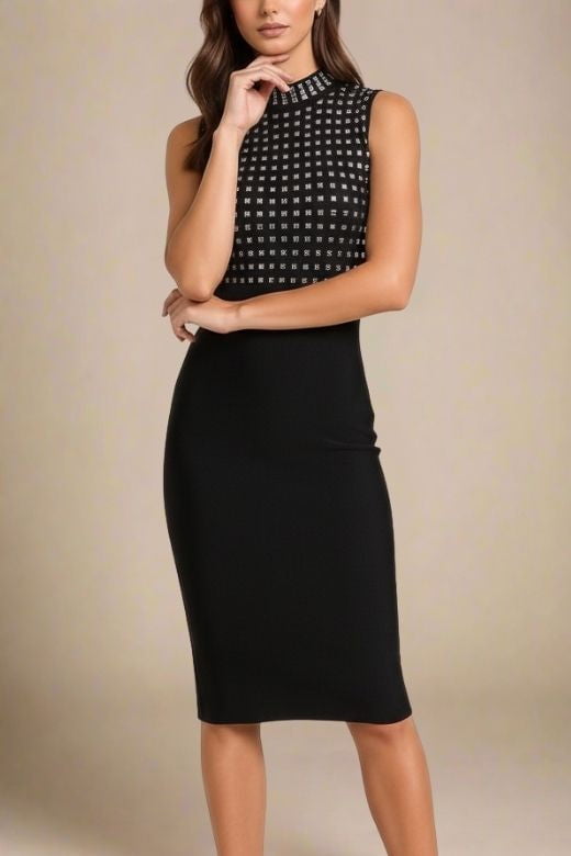 Woman wearing a figure flattering Hazel Bodycon Dress - Classic Black BODYCON COLLECTION Pty Ltd