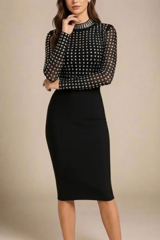 Woman wearing a figure flattering Hazel Long Sleeve Bodycon Dress - Classic Black BODYCON COLLECTION Pty Ltd