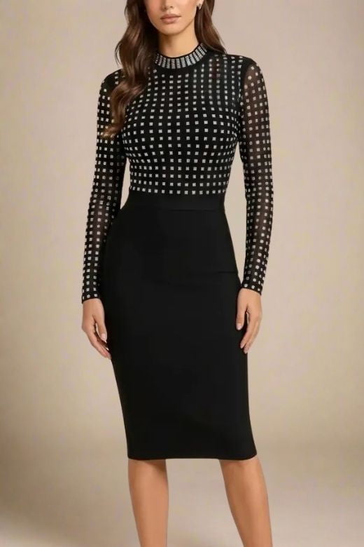 Woman wearing a figure flattering Hazel Long Sleeve Bodycon Dress - Classic Black BODYCON COLLECTION Pty Ltd