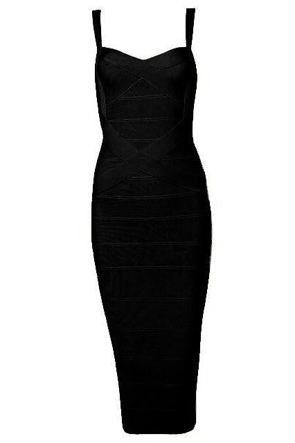 Woman wearing a black party dress Heidi Bandage Midi Dress - Classic Black Bodycon Collection