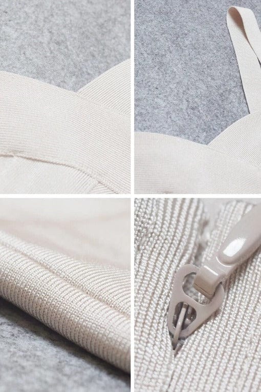 Woman wearing a figure flattering Heidi Bandage Midi Dress - Cream Bodycon Collection