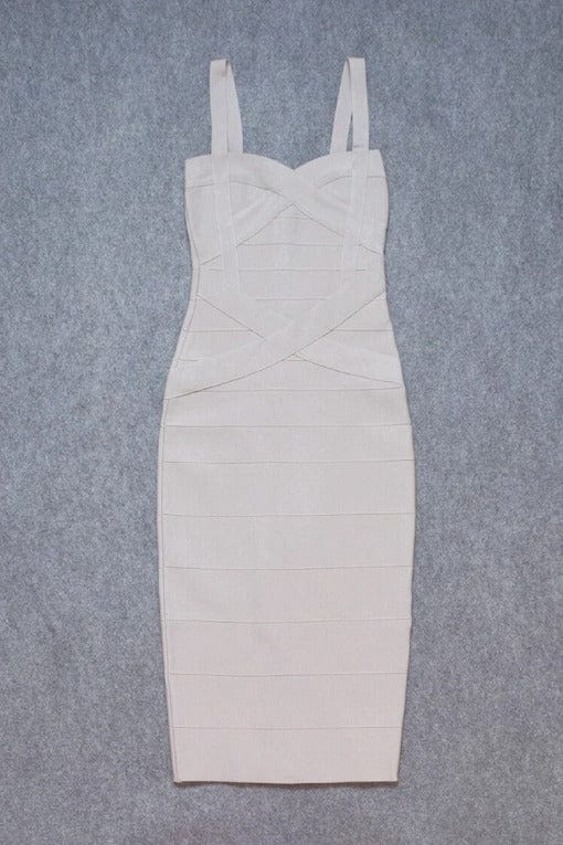 Woman wearing a figure flattering Heidi Bandage Midi Dress - Cream Bodycon Collection