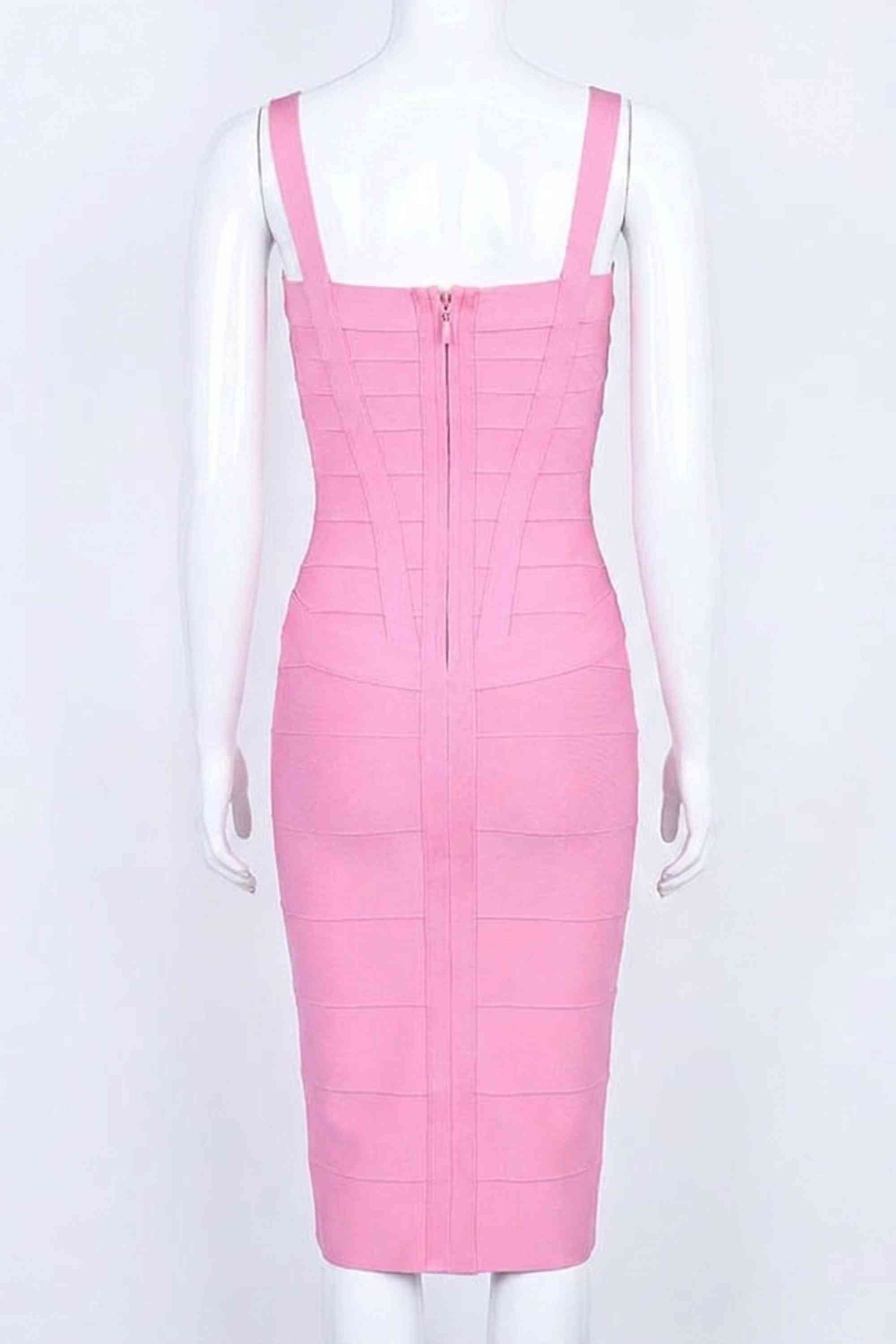 Woman wearing a figure flattering Heidi Bandage Midi Dress - Dusty Pink Bodycon Collection