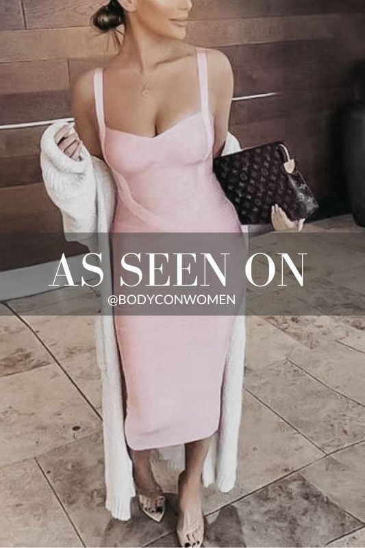 Woman wearing a figure flattering Heidi Bandage Midi Dress - Dusty Pink Bodycon Collection