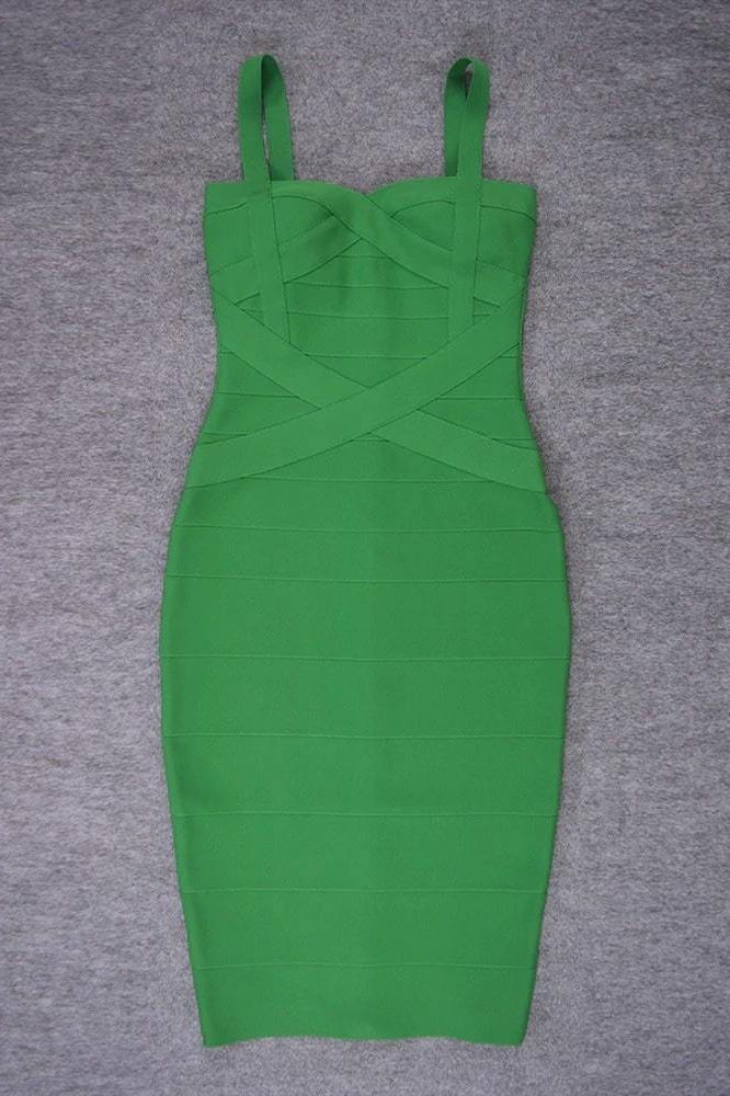 Woman wearing a figure flattering Heidi Bandage Midi Dress - Emerald Green Bodycon Collection