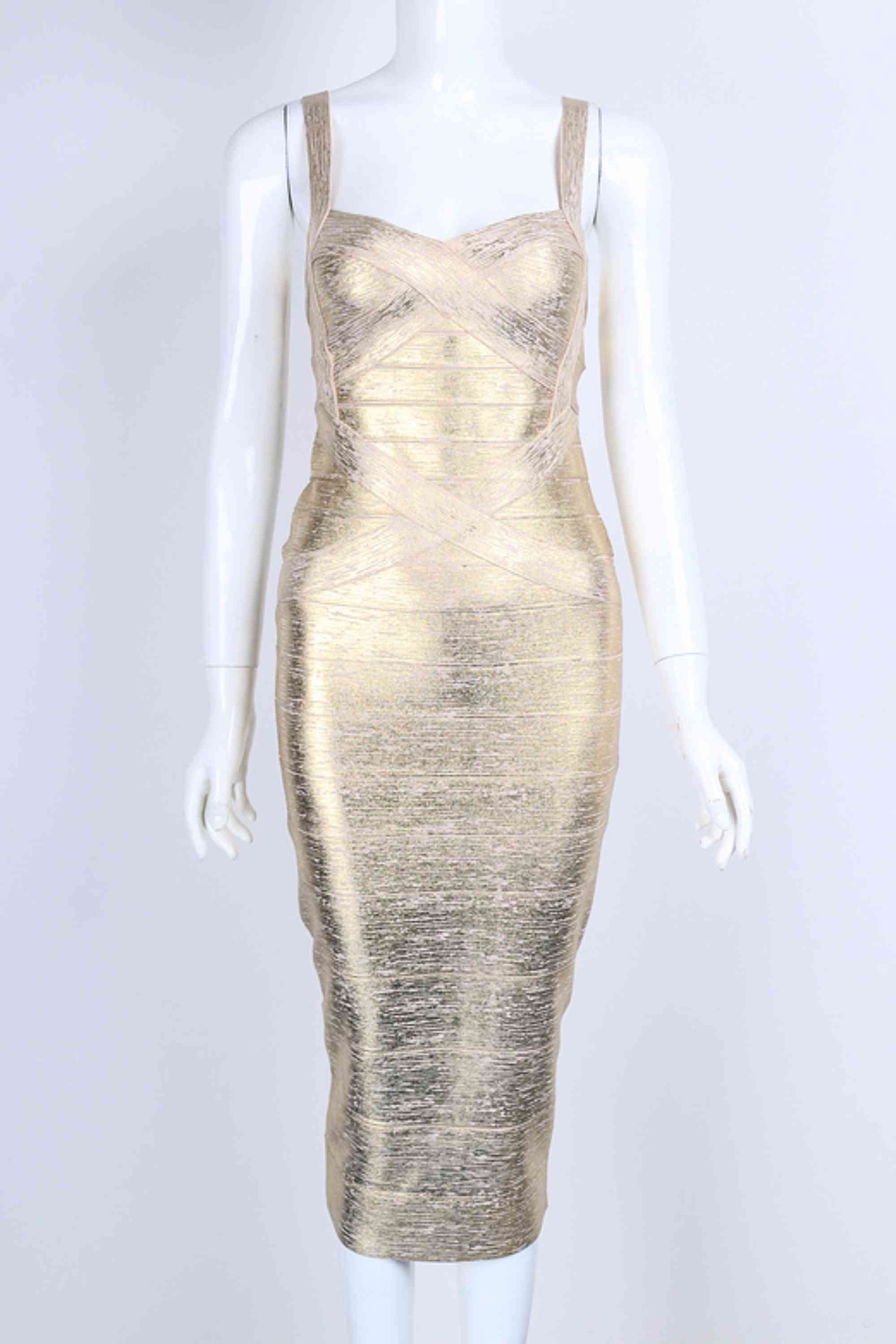 Woman wearing a figure flattering Heidi Bandage Midi Dress - Gold BODYCON COLLECTION