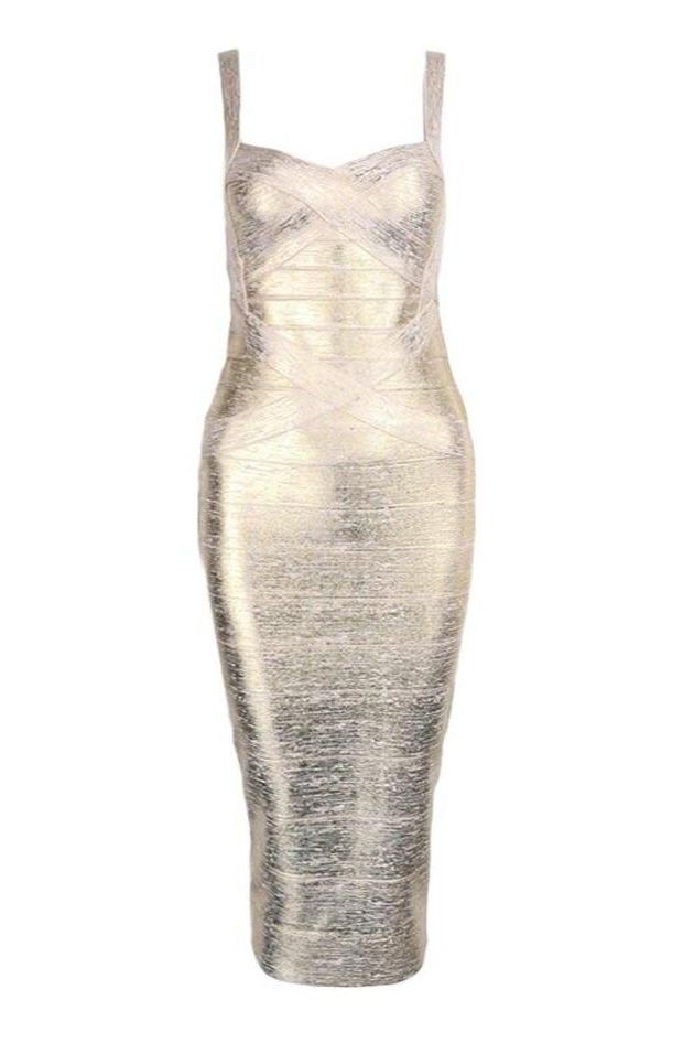 Woman wearing a figure flattering Heidi Bandage Midi Dress - Gold BODYCON COLLECTION