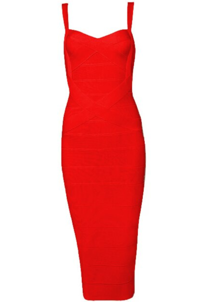 Woman wearing a figure flattering Heidi Bandage Midi Dress - Lipstick Red Bodycon Collection