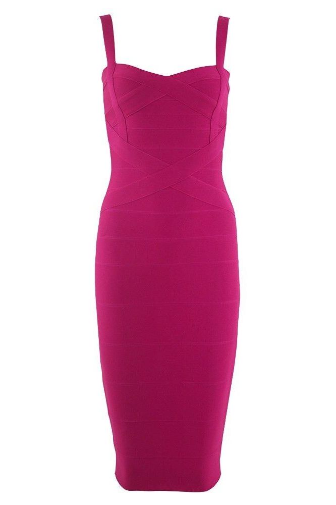 Woman wearing a figure flattering Heidi Bandage Midi Dress - Magenta Pink Bodycon Collection