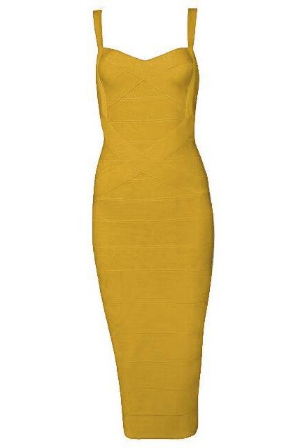 Woman wearing a figure flattering Heidi Bandage Midi Dress - Mustard Yellow Bodycon Collection