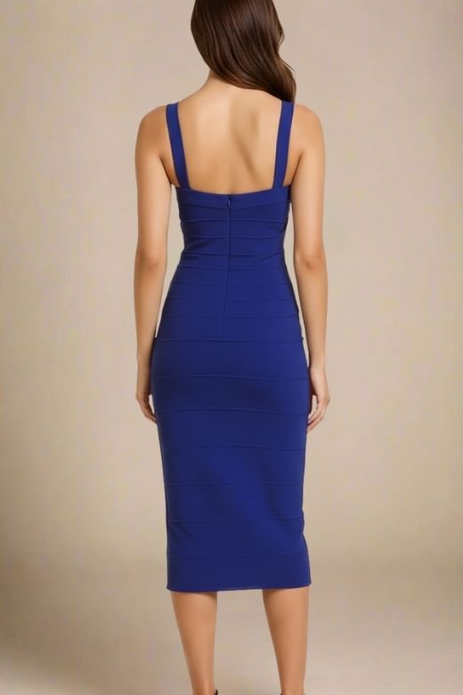 Woman wearing a figure flattering Heidi Bandage Midi Dress - Navy Blue Bodycon Collection